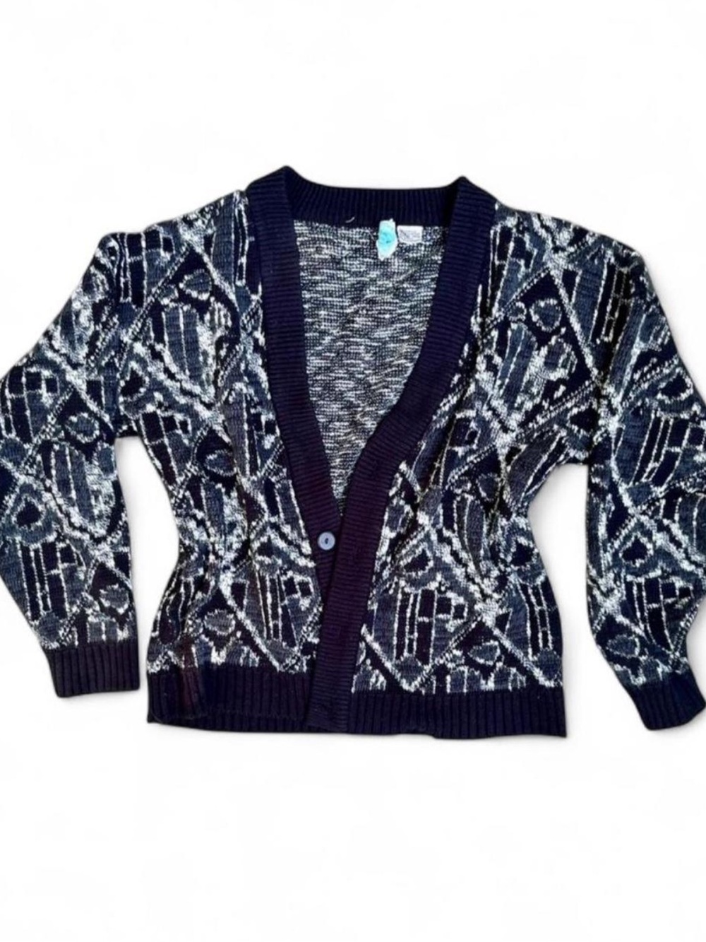 Vintage 90s Indie Eclectic Grandpa Cardigan W/Abstract Navy, Gray & White Design